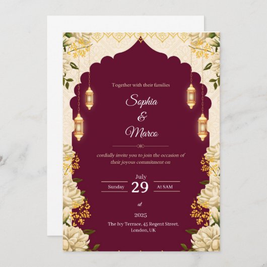 Elegant Burgundy  Wedding Invitation Card 招待状 (正面/裏面)