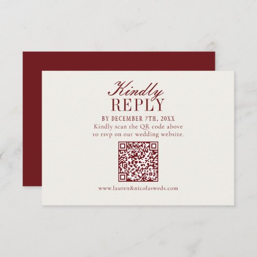 Elegant Burgundy Wedding QR Code RSVP Card (正面/裏面)