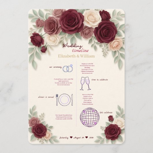 Elegant Burgundy Wedding Timeline Program プログラム (正面)
