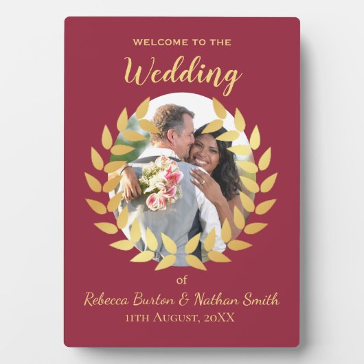Elegant Burgundy Wedding Welcome Custom Photo Sign フォトプラーク (正面)