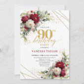 Elegant Burgundy White Floral Gold 90th Birthday 招待状 (正面)