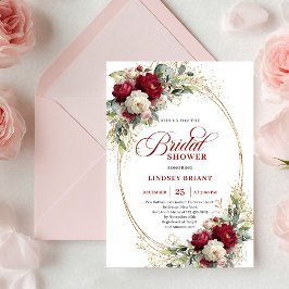 Elegant Burgundy White Floral Gold Bridal Shower 招待状