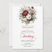 Elegant Burgundy White Floral Gold Wedding Invite 招待状 (正面)