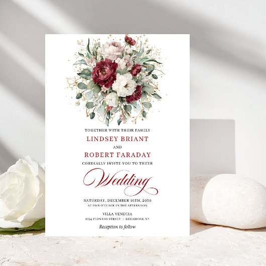Elegant Burgundy White Floral Gold Wedding Invite 招待状