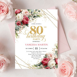 Elegant Burgundy White Gold 80th Birthday Invite 招待状