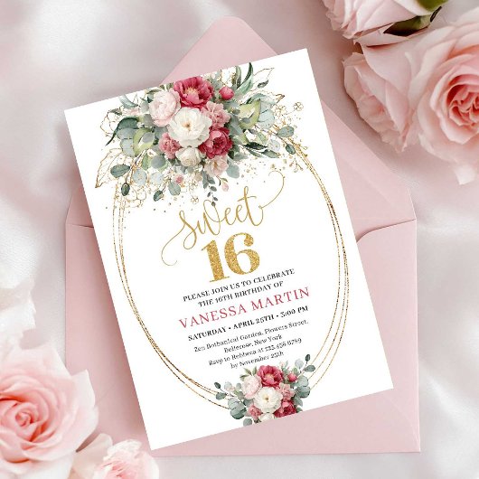 Elegant Burgundy White Gold Floral Sweet 16 Invite 招待状