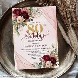 Elegant Burgundy White Gold Roses 80th Birthday   招待状