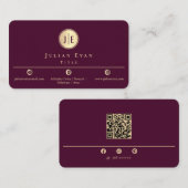 Elegant Burgundy Wine Gold Shiny Circle Monogram 名刺 (正面/裏面)