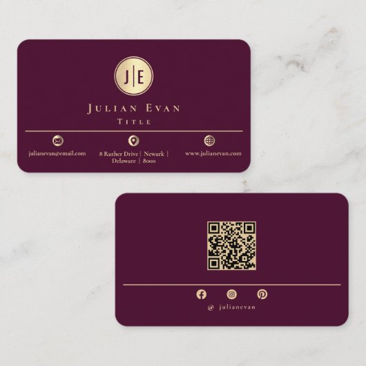 Elegant Burgundy Wine Gold Shiny Circle Monogram 名刺 (正面/裏面)