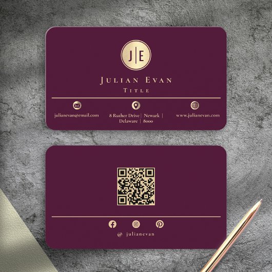 Elegant Burgundy Wine Gold Shiny Circle Monogram 名刺