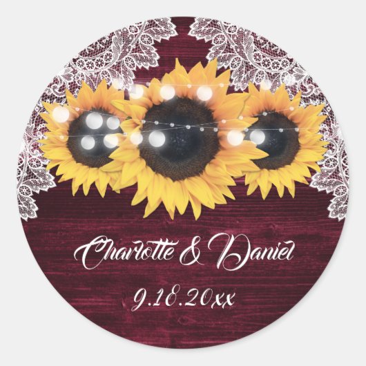 Elegant Burgundy Wood Lace Sunflower Wedding ラウンドシール (正面)