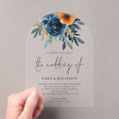 Elegant Burnt Orange Navy Florals Wedding アクリル招待状 (インサイチュ (ポータブル))