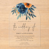 Elegant Burnt Orange Navy Florals Wedding アクリル招待状 (正面)