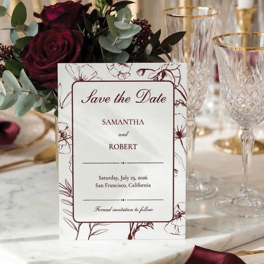Elegant Burundy Floral Line Art Wedding セーブザデート