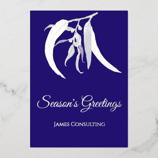 Elegant Business Botanical Christmas Blue Silver 箔シーズンカード (正面)