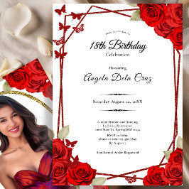 Elegant Butterflies Red Roses 18th Birthday Debut 招待状