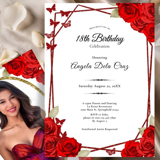 Elegant Butterflies Red Roses 18th Birthday Debut 招待状