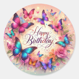 Elegant butterfly birthday sticker  ラウンドシール