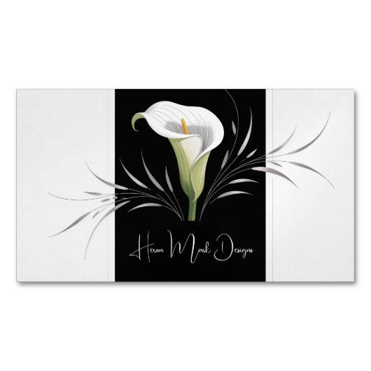 Elegant Calla Lily Black and White Silver Swirl マグネット名刺 (正面)