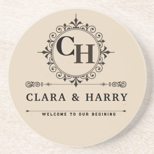 Elegant calligraphic initials monogram wedding  コースター (正面)