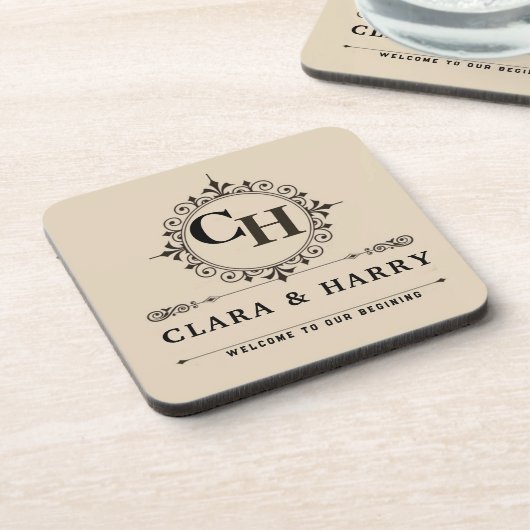 Elegant calligraphic initials monogram wedding  コースター (左側)