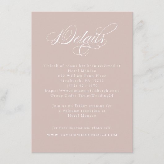 Elegant Calligraphy Blush Wedding Details エンクロージャーカード (正面)