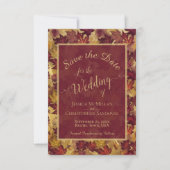 Elegant Calligraphy Burgundy & Gold Leaves Wedding セーブザデート (正面)