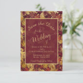 Elegant Calligraphy Burgundy & Gold Leaves Wedding セーブザデート (スタンド正面)