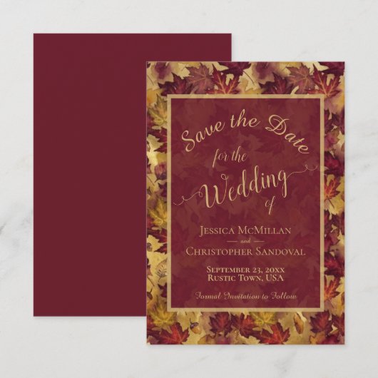 Elegant Calligraphy Burgundy & Gold Leaves Wedding セーブザデート (正面/裏面)