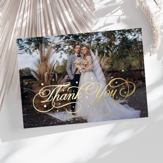 Elegant Calligraphy Dots Thank You Photo Wedding  箔招待状