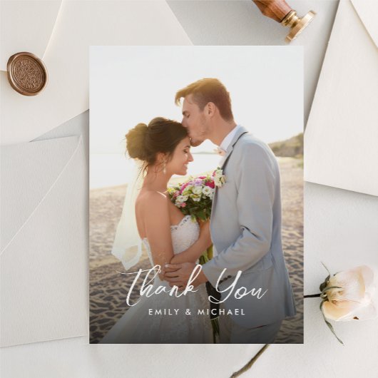 Elegant Calligraphy Dusty Blue Photo Wedding  サンキューカード