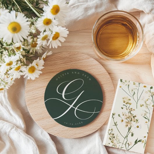 Elegant Calligraphy “G” Dark Green Wedding ラウンドペーパーコースター