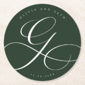 Elegant Calligraphy “G” Dark Green Wedding ラウンドペーパーコースター (正面)