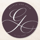 Elegant Calligraphy “G” Plum Wedding ラウンドペーパーコースター (正面)