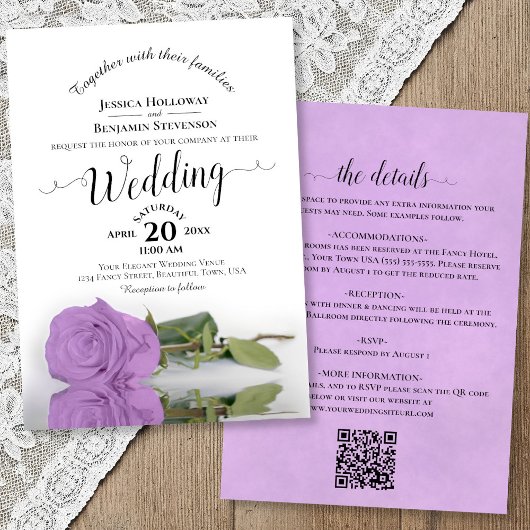 Elegant Calligraphy Lilac Rose QR Code Wedding 招待状
