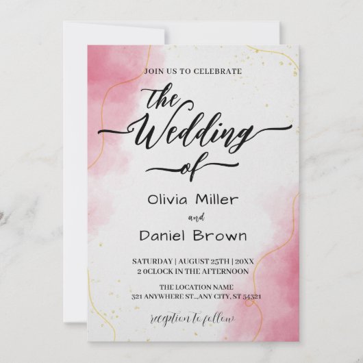 Elegant Calligraphy Modern pink Watercolor Wedding 招待状 (正面)