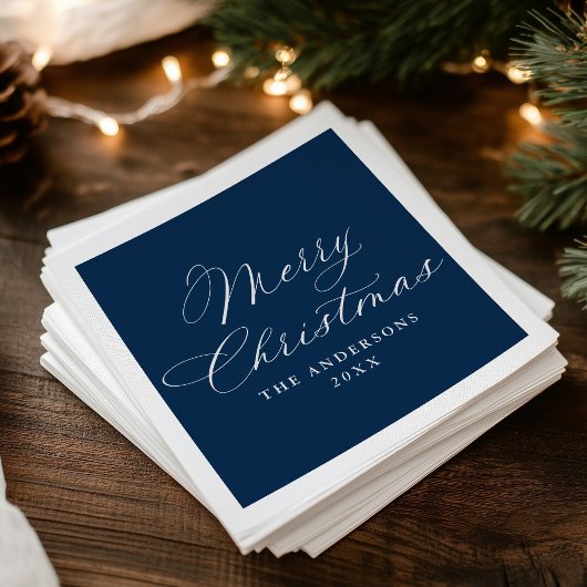 Elegant Calligraphy Navy Merry Christmas スタンダードカクテルナプキン