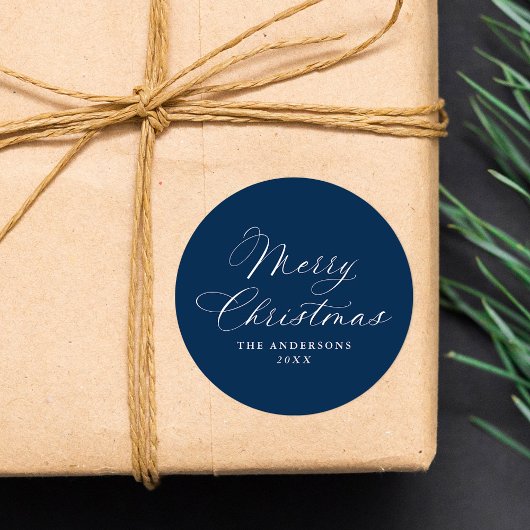 Elegant Calligraphy Navy Merry Christmas ラウンドシール