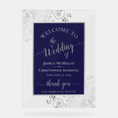 Elegant Calligraphy Navy & Silver Wedding Welcome アクリルサイン (正面)