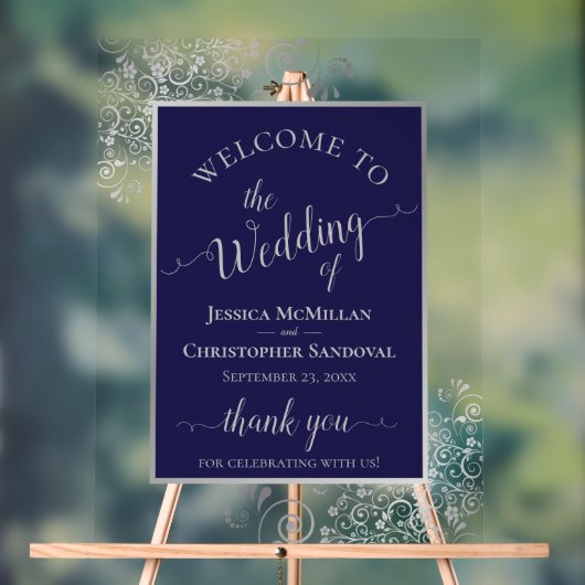 Elegant Calligraphy Navy & Silver Wedding Welcome アクリルサイン (ニュートラル)