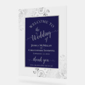 Elegant Calligraphy Navy & Silver Wedding Welcome アクリルサイン (傾斜)