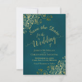 Elegant Calligraphy Ornate Teal and Gold Wedding セーブザデート (正面)