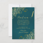Elegant Calligraphy Ornate Teal and Gold Wedding セーブザデート (裏面)