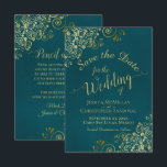 Elegant Calligraphy Ornate Teal and Gold Wedding セーブザデート<br><div class="desc">These beautiful save the date cards will let your friends and family know about your upcoming wedding. They feature an elegant dark teal and gold design with ornate frills in the corners and fancy script calligraphy reading Save the Date with the names of the couple, wedding date and location. The...</div>