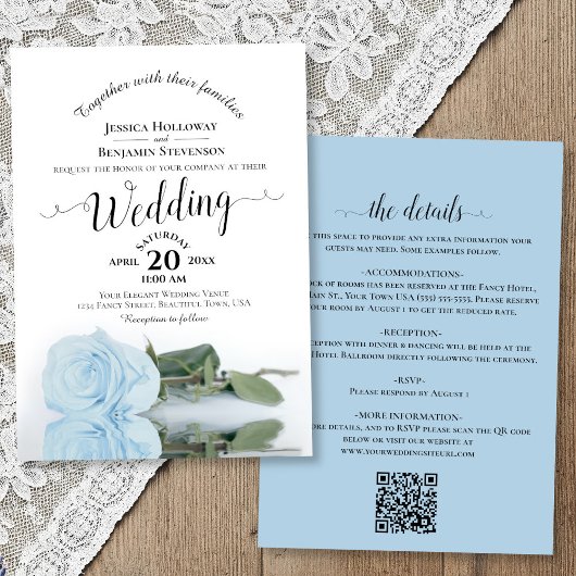 Elegant Calligraphy Pale Blue Rose QR Code Wedding 招待状
