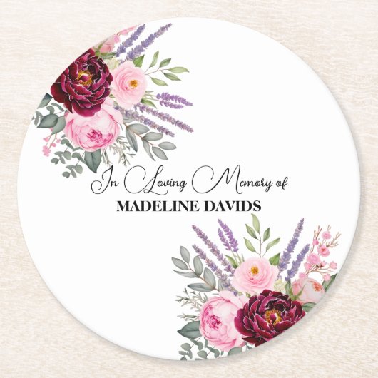 Elegant Calligraphy Peonies Funeral  ラウンドペーパーコースター (正面)