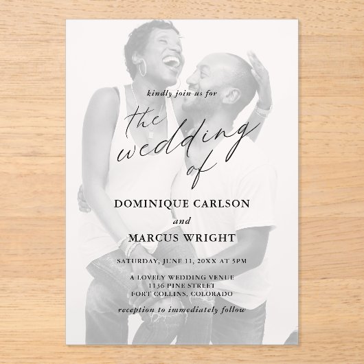 Elegant Calligraphy Photo Modern Wedding アクリル招待状 (正面)