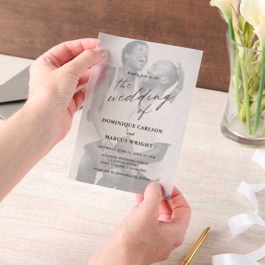 Elegant Calligraphy Photo Modern Wedding ベラム紙招待状 (ポータブル)