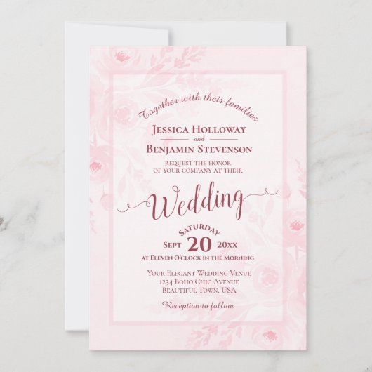 Elegant Calligraphy Pink Peonies QR Code Wedding 招待状 (正面)