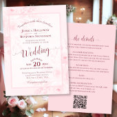 Elegant Calligraphy Pink Peonies QR Code Wedding 招待状
